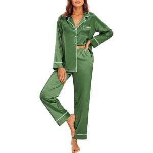 imageEkouaer Satin Pajama Set for Women Silky Sleepwear Long Sleeve Top and Pants Button Down Pjs Lounge SetBright Green