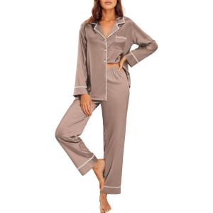 imageEkouaer Satin Pajama Set for Women Silky Sleepwear Long Sleeve Top and Pants Button Down Pjs Lounge SetBrown