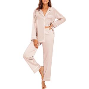 imageEkouaer Satin Pajama Set for Women Silky Sleepwear Long Sleeve Top and Pants Button Down Pjs Lounge SetChampagne