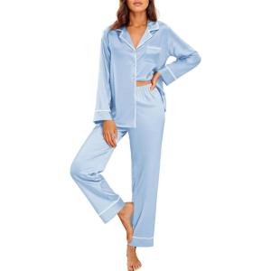 imageEkouaer Satin Pajama Set for Women Silky Sleepwear Long Sleeve Top and Pants Button Down Pjs Lounge SetClear Blue
