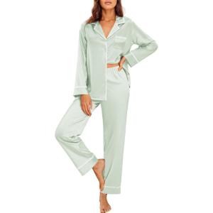 imageEkouaer Satin Pajama Set for Women Silky Sleepwear Long Sleeve Top and Pants Button Down Pjs Lounge SetLight Green