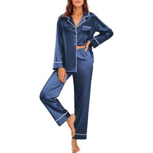 imageEkouaer Satin Pajama Set for Women Silky Sleepwear Long Sleeve Top and Pants Button Down Pjs Lounge SetNavy Blue