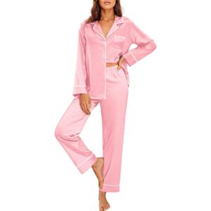 imageEkouaer Satin Pajama Set for Women Silky Sleepwear Long Sleeve Top and Pants Button Down Pjs Lounge SetPink