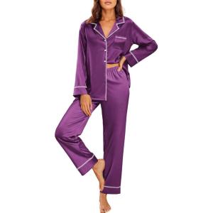 imageEkouaer Satin Pajama Set for Women Silky Sleepwear Long Sleeve Top and Pants Button Down Pjs Lounge SetPurple
