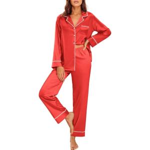 imageEkouaer Satin Pajama Set for Women Silky Sleepwear Long Sleeve Top and Pants Button Down Pjs Lounge SetRed