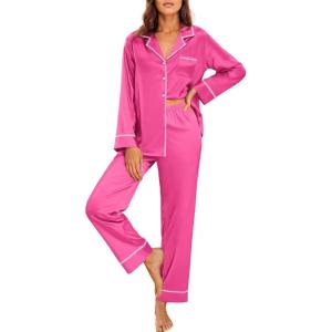 imageEkouaer Satin Pajama Set for Women Silky Sleepwear Long Sleeve Top and Pants Button Down Pjs Lounge SetRose Red