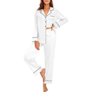 imageEkouaer Satin Pajama Set for Women Silky Sleepwear Long Sleeve Top and Pants Button Down Pjs Lounge SetWhite