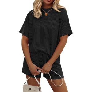 imageEkouaer Womens Pajama Sets Short Sleeve Lounge Sets 2 Piece Pjs Tops and Shorts Outfits Matching Loungewear with PocketsBlack