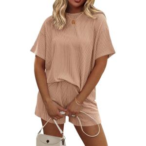 imageEkouaer Womens Pajama Sets Short Sleeve Lounge Sets 2 Piece Pjs Tops and Shorts Outfits Matching Loungewear with PocketsBrown