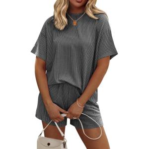 imageEkouaer Womens Pajama Sets Short Sleeve Lounge Sets 2 Piece Pjs Tops and Shorts Outfits Matching Loungewear with PocketsDark Grey