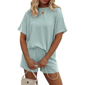 imageEkouaer Womens Pajama Sets Short Sleeve Lounge Sets 2 Piece Pjs Tops and Shorts Outfits Matching Loungewear with PocketsGlacial Green