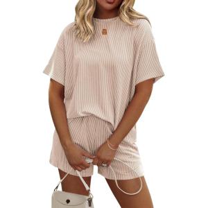 imageEkouaer Womens Pajama Sets Short Sleeve Lounge Sets 2 Piece Pjs Tops and Shorts Outfits Matching Loungewear with PocketsLight Khaki