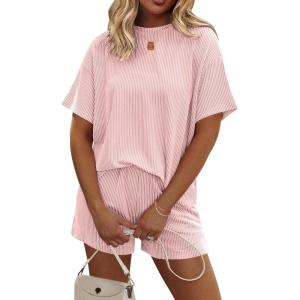 imageEkouaer Womens Pajama Sets Short Sleeve Lounge Sets 2 Piece Pjs Tops and Shorts Outfits Matching Loungewear with PocketsLight Pink