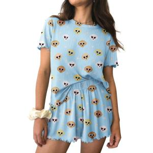 imageEkouaer Womens Pajamas 2 Piece Ribbed Knit Pjs Colorful Pattern Sleep Set Short Sleeve Pajamas Set Casual Lounge SetsCool Dogs