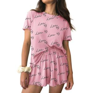 imageEkouaer Womens Pajamas 2 Piece Ribbed Knit Pjs Colorful Pattern Sleep Set Short Sleeve Pajamas Set Casual Lounge SetsPink Love