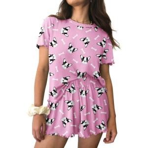imageEkouaer Womens Pajamas 2 Piece Ribbed Knit Pjs Colorful Pattern Sleep Set Short Sleeve Pajamas Set Casual Lounge SetsPink Puppy