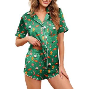 imageEkouaer Womens Silk Satin Pajamas Set Short Sleeve Sleepwear Button Down Loungewear 2 Piece Pjs Shorts Set S5XLGreen Christmas Print