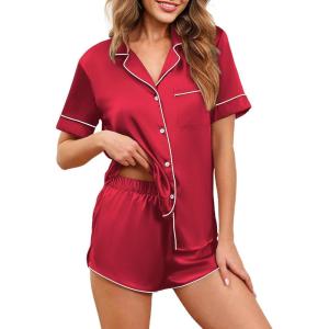 imageEkouaer Womens Silk Satin Pajamas Set Short Sleeve Sleepwear Button Down Loungewear 2 Piece Pjs Shorts Set S5XLRed