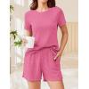imageEkouaer Pajamas Sets for Women Ribbed Knit Sleepwear Set Soft Short Sleeve Pjs with Pockets Casual Lounge Sets with PocketsHot Pink
