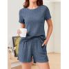 imageEkouaer Pajamas Sets for Women Ribbed Knit Sleepwear Set Soft Short Sleeve Pjs with Pockets Casual Lounge Sets with PocketsNavy Blue