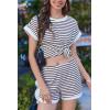 imageEkouaer Waffle Knit Lounge Set Women Stripe Pajama Sets Short Sleeve Pj Tops and Shorts Matching loungewear with PocketsBrown