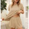 imageEkouaer Womens Pajamas 2 Piece Ribbed Knit Pjs Short Sleeve Sleepwear Set Summer Soft Pajamas Set Casual Lounge SetsBeige