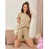 imageEkouaer Womens Pajamas 2 Piece Ribbed Knit Pjs Short Sleeve Sleepwear Set Summer Soft Pajamas Set Casual Lounge SetsBeige