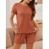 imageEkouaer Womens Pajamas 2 Piece Ribbed Knit Pjs Short Sleeve Sleepwear Set Summer Soft Pajamas Set Casual Lounge SetsBrick Red