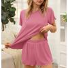 imageEkouaer Womens Pajamas 2 Piece Ribbed Knit Pjs Short Sleeve Sleepwear Set Summer Soft Pajamas Set Casual Lounge SetsDark Pink
