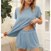 imageEkouaer Womens Pajamas 2 Piece Ribbed Knit Pjs Short Sleeve Sleepwear Set Summer Soft Pajamas Set Casual Lounge SetsLight Blue