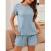 imageEkouaer Womens Pajamas 2 Piece Ribbed Knit Pjs Short Sleeve Sleepwear Set Summer Soft Pajamas Set Casual Lounge SetsLight Blue