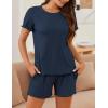 imageEkouaer Womens Pajamas 2 Piece Ribbed Knit Pjs Short Sleeve Sleepwear Set Summer Soft Pajamas Set Casual Lounge SetsNavy Blue