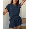 imageEkouaer Womens Pajamas 2 Piece Ribbed Knit Pjs Short Sleeve Sleepwear Set Summer Soft Pajamas Set Casual Lounge SetsNavy Blue