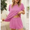 imageEkouaer Womens Pajamas 2 Piece Ribbed Knit Pjs Short Sleeve Sleepwear Set Summer Soft Pajamas Set Casual Lounge SetsPink