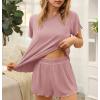imageEkouaer Womens Pajamas 2 Piece Ribbed Knit Pjs Short Sleeve Sleepwear Set Summer Soft Pajamas Set Casual Lounge SetsRose Red
