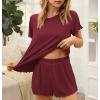 imageEkouaer Womens Pajamas 2 Piece Ribbed Knit Pjs Short Sleeve Sleepwear Set Summer Soft Pajamas Set Casual Lounge SetsWine Red
