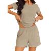 imageEkouaer Pajamas Sets for Women Ribbed Knit Sleepwear Set Soft Short Sleeve Pjs with Pockets Casual Lounge Sets with PocketsBeige