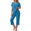 imageEkouaer Womens Capri Pajama Sets Floral Print Short Sleeve Sleepwear Top and Capri Pants 2 Piece Loungewear with PocketsBblue Green