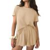 imageEkouaer Womens Pajamas 2 Piece Ribbed Knit Pjs Short Sleeve Sleepwear Set Summer Soft Pajamas Set Casual Lounge SetsBeige