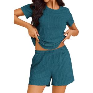 imageEkouaer Pajamas Sets for Women Ribbed Knit Sleepwear Set Soft Short Sleeve Pjs with Pockets Casual Lounge Sets with PocketsDark Blue
