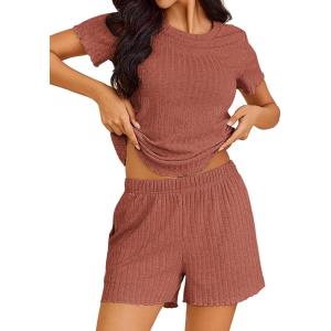 imageEkouaer Pajamas Sets for Women Ribbed Knit Sleepwear Set Soft Short Sleeve Pjs with Pockets Casual Lounge Sets with PocketsDeep Orange