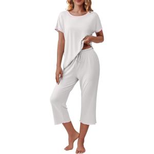 imageEkouaer Womens Capri Pajama Sets Floral Print Short Sleeve Sleepwear Top and Capri Pants 2 Piece Loungewear with PocketsBlight Grey