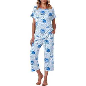 imageEkouaer Womens Capri Pajama Sets Floral Print Short Sleeve Sleepwear Top and Capri Pants 2 Piece Loungewear with PocketsBlue Elephant