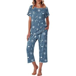 imageEkouaer Womens Capri Pajama Sets Floral Print Short Sleeve Sleepwear Top and Capri Pants 2 Piece Loungewear with PocketsBlue Meteor