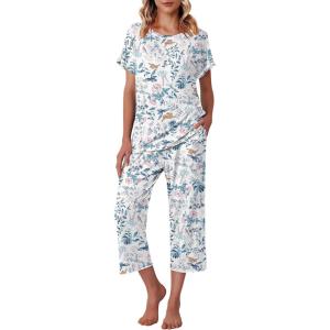 imageEkouaer Womens Capri Pajama Sets Floral Print Short Sleeve Sleepwear Top and Capri Pants 2 Piece Loungewear with PocketsBlue Pink Folwer