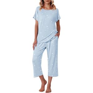 imageEkouaer Womens Capri Pajama Sets Floral Print Short Sleeve Sleepwear Top and Capri Pants 2 Piece Loungewear with PocketsBlue White Stars