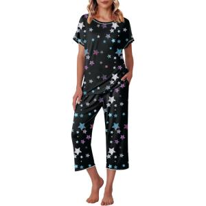 imageEkouaer Womens Capri Pajama Sets Floral Print Short Sleeve Sleepwear Top and Capri Pants 2 Piece Loungewear with PocketsColorful Star