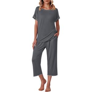 imageEkouaer Womens Capri Pajama Sets Floral Print Short Sleeve Sleepwear Top and Capri Pants 2 Piece Loungewear with PocketsDark Grey