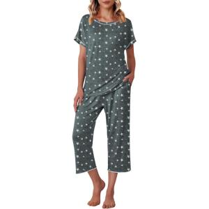 imageEkouaer Womens Capri Pajama Sets Floral Print Short Sleeve Sleepwear Top and Capri Pants 2 Piece Loungewear with PocketsGrey White Star