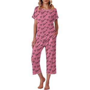 imageEkouaer Womens Capri Pajama Sets Floral Print Short Sleeve Sleepwear Top and Capri Pants 2 Piece Loungewear with PocketsLove Print